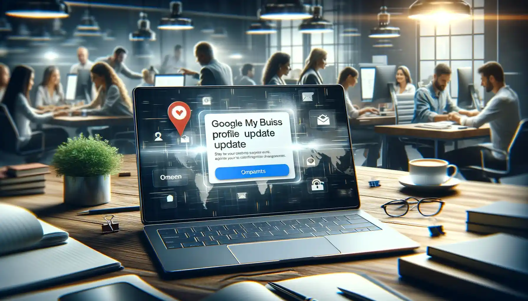 Oficina moderna mostrando notificación de actualización de Google My Business