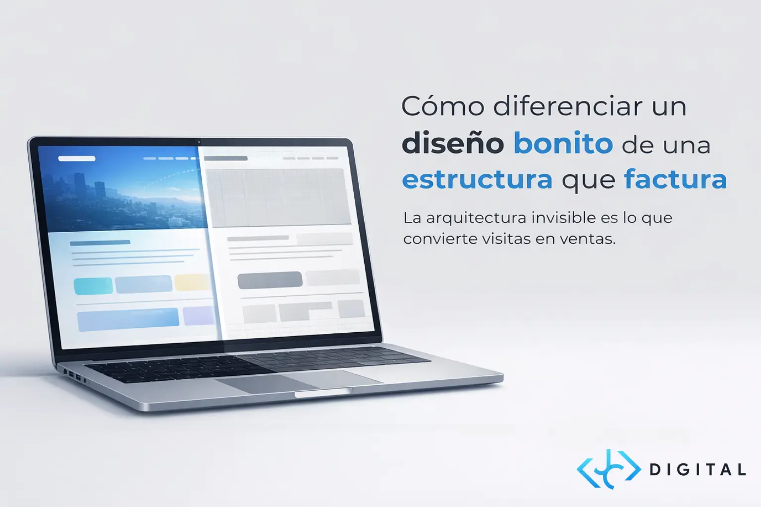 Comparativa en pantalla de portátil entre un diseño web para empresas meramente estético y una estructura técnica orientada a convertir visitas en facturación.