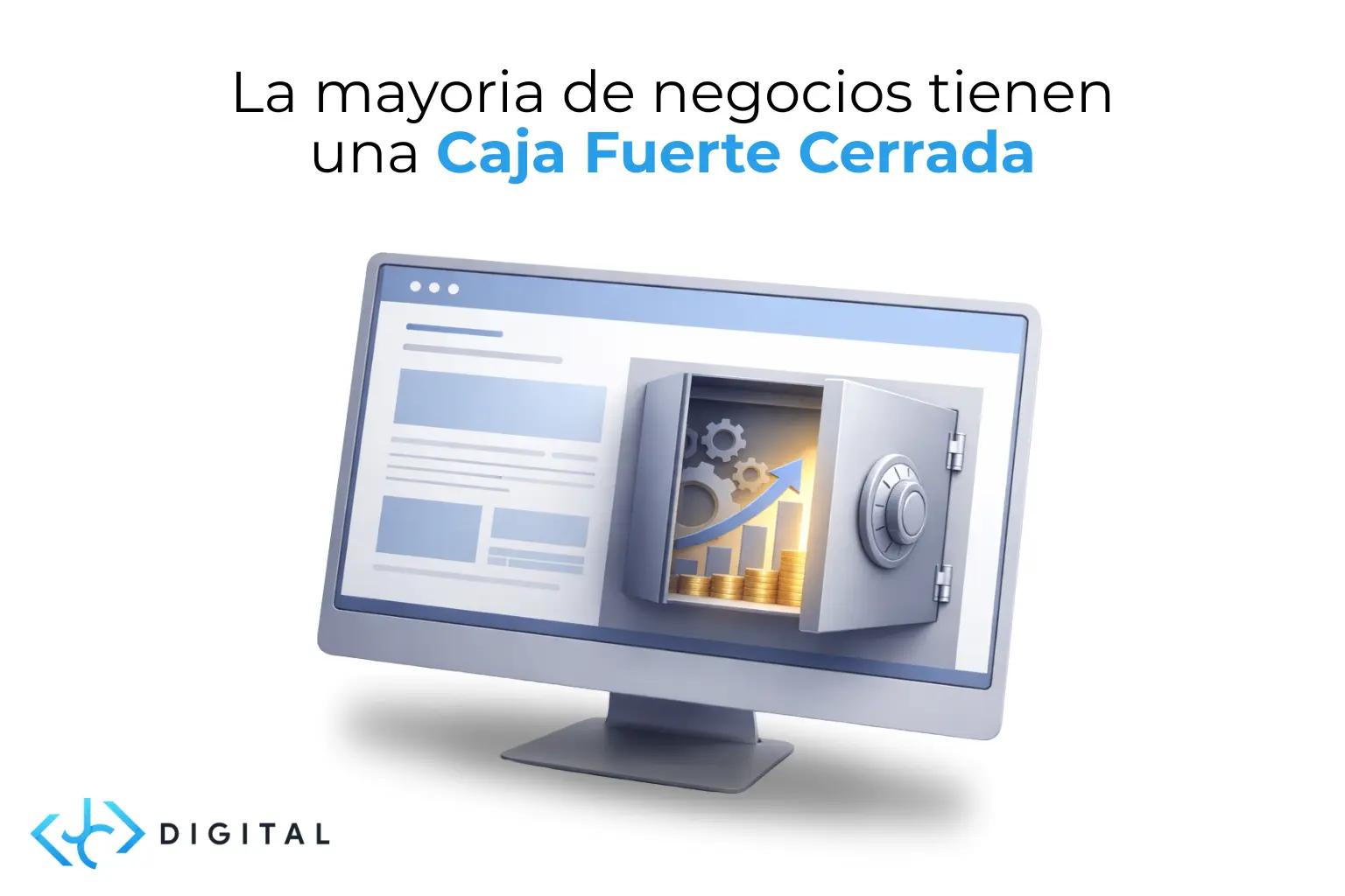 Ilustración de una caja fuerte integrada en una pantalla de ordenador, representando un sistema para vender más con mi web mediante mantenimiento estratégico.