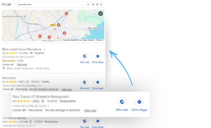 Ejemplo real de resultados de Google Maps donde un negocio no aparece en primeras posiciones, indicando la necesidad de hacer SEO Local.